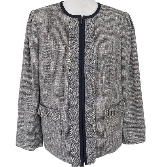 Doncaster Jackets & Blazers - Doncaster Navy Blue White Tweed Ruffle Trim Full Zip Blazer Jacket Women's 14W